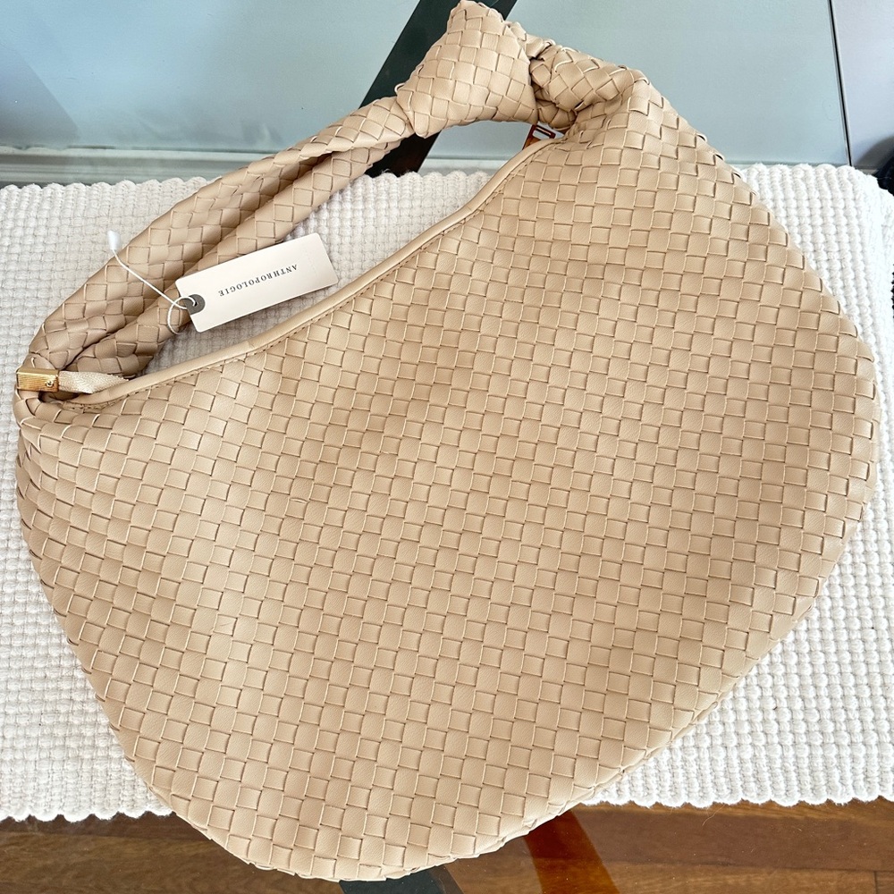 Anthropologie Brigitte weave satchel knot handle ivory medium size new
